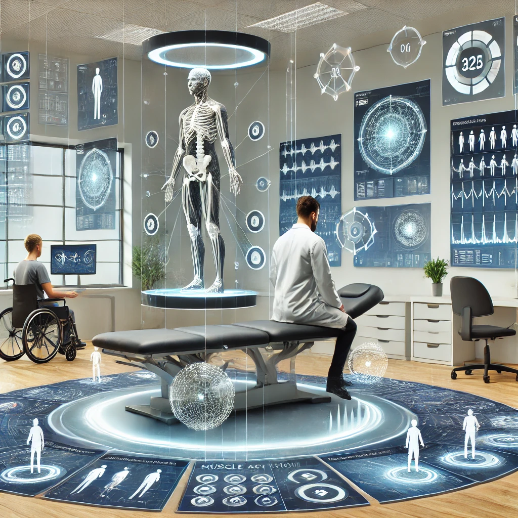 DALL·E 2024-10-05 19.04.14 - A modern physiotherapy consultation room featuring a practitioner using advanced AI technology. Surrounding the practitioner are numerous floating cha.webp